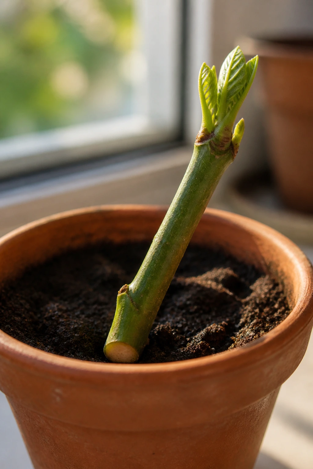 Close-up of a fig cutting in a pot on a sunlit windowsill