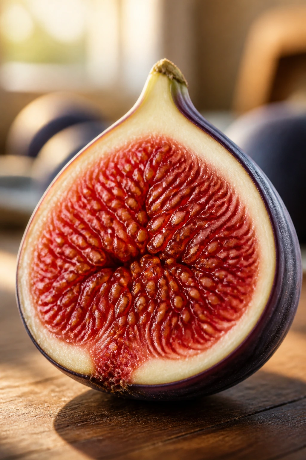 Close-up of halved fig showing ruby flesh and seeds