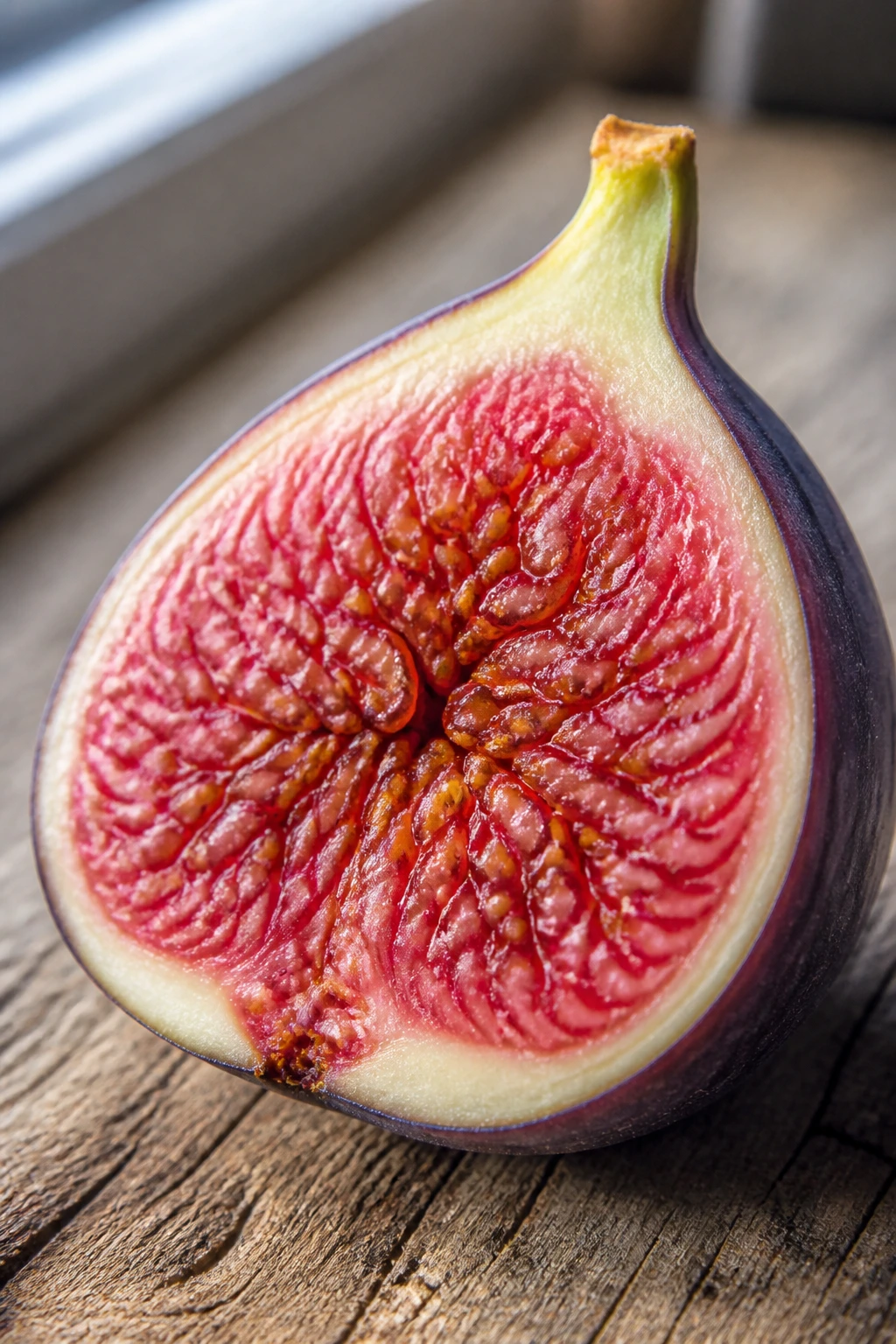 10 Amazing Fruits That Symbolize Love 4 Halved fig showing pink interior on wooden surface