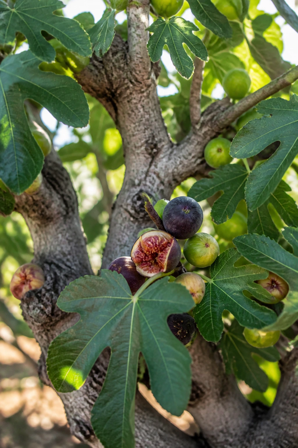 Close-up of a fig tree with large leaves in a sunlit garden