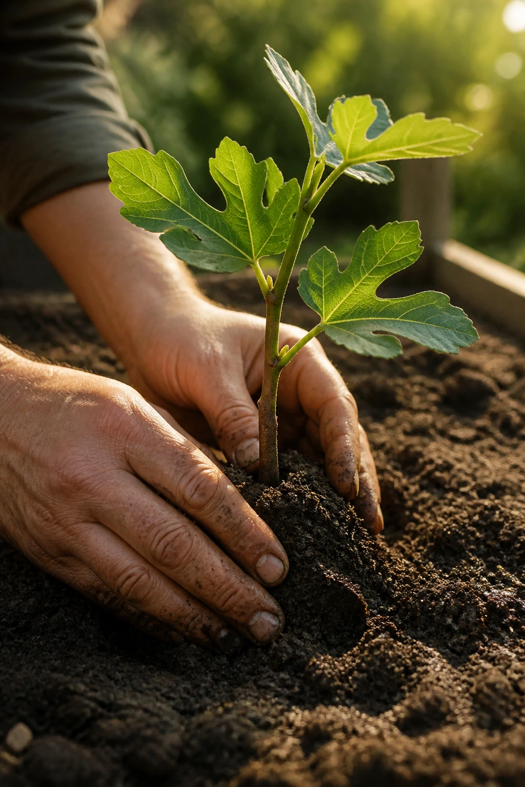 Hands planting a fig cutting into soil in a sunny garden