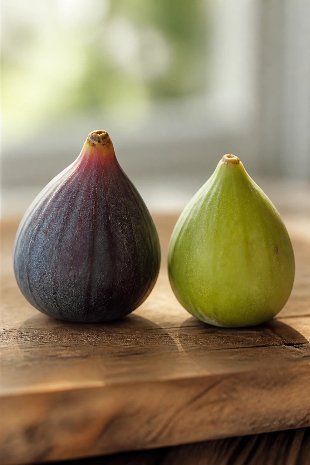 Are Figs Acidic Or Alkaline? All You Need To Know 2 Two figs at different ripeness levels on a wooden surface illustrating pH influences