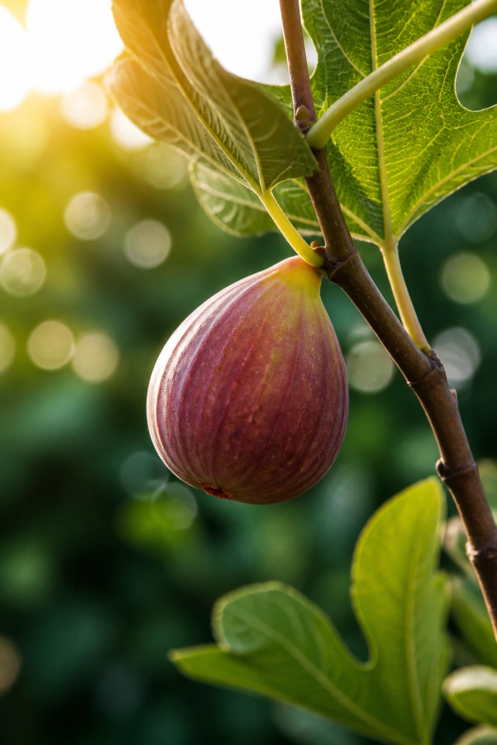 Close-up of a single fig on a branch in a sunny garden, illustrating factors that influence ripening