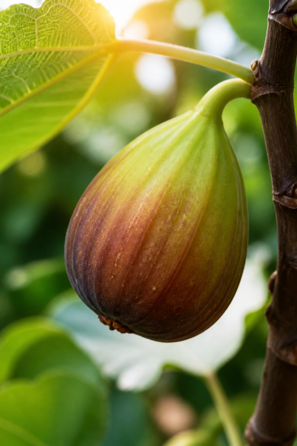Close-up of a fig showing ripening color change on the tree in an outdoor setting