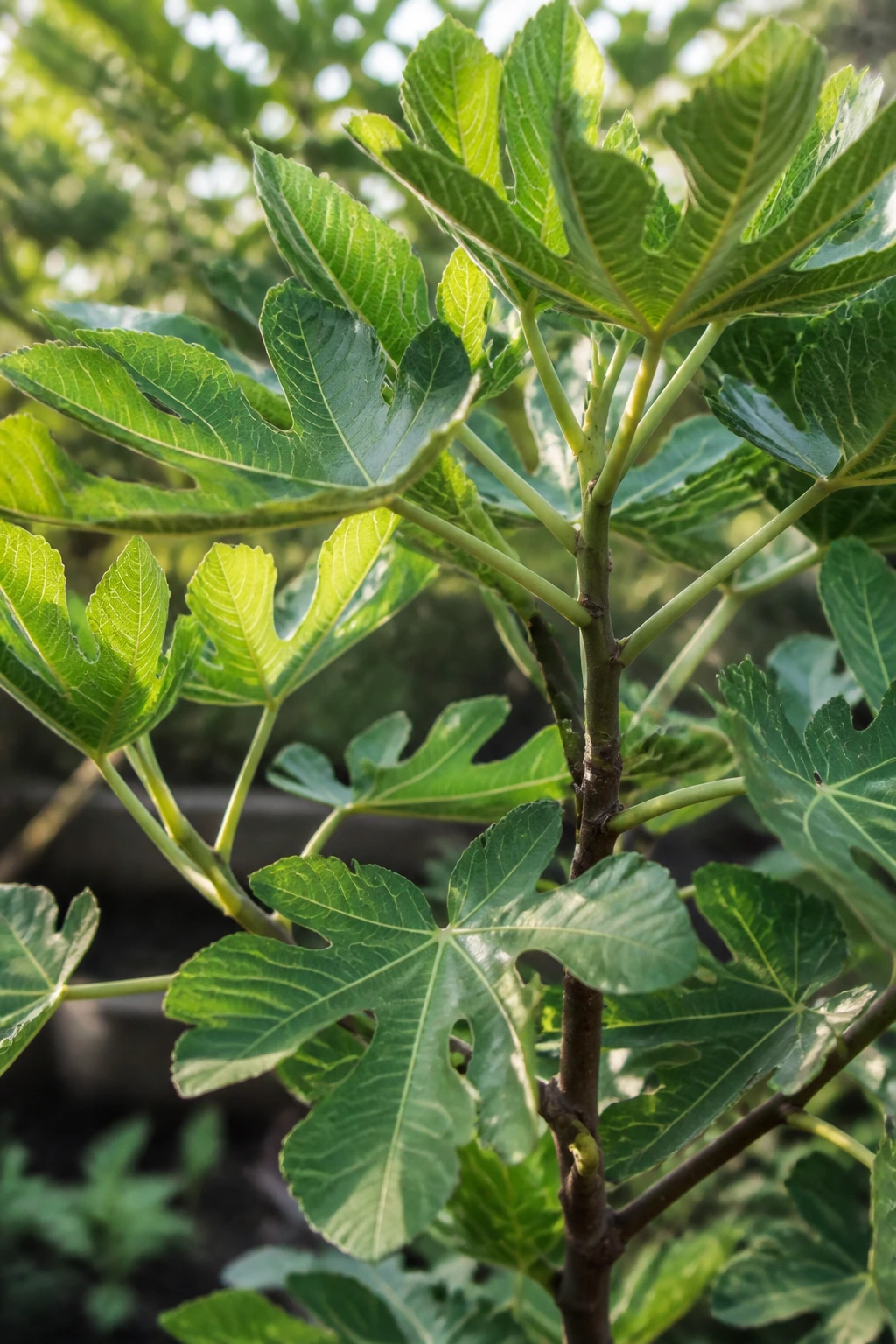 Close-up of a fig tree branch with abundant leaves and no fruit in a garden