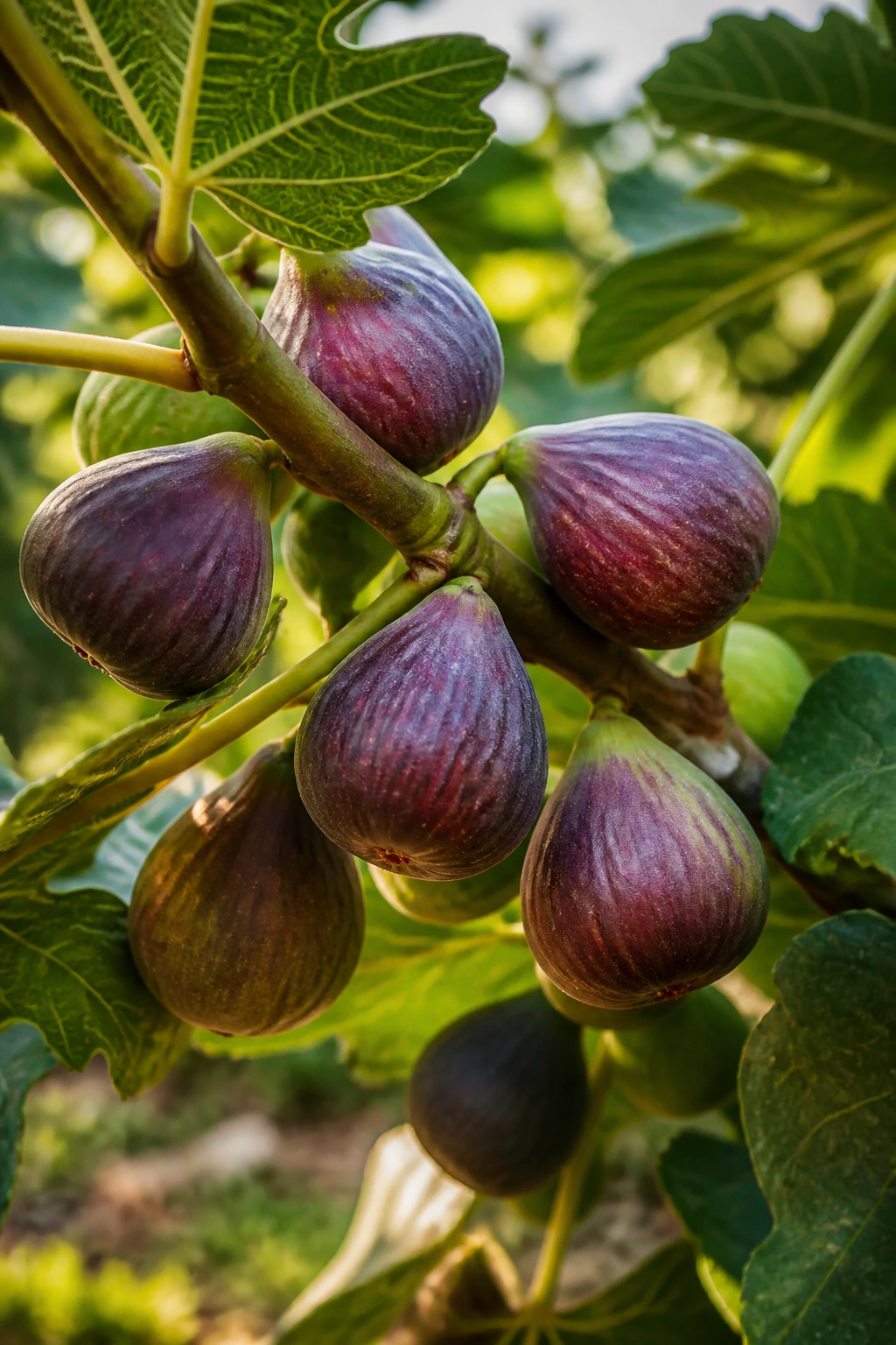 Close-up of ripe figs on a fig tree branch in a sunlit garden
