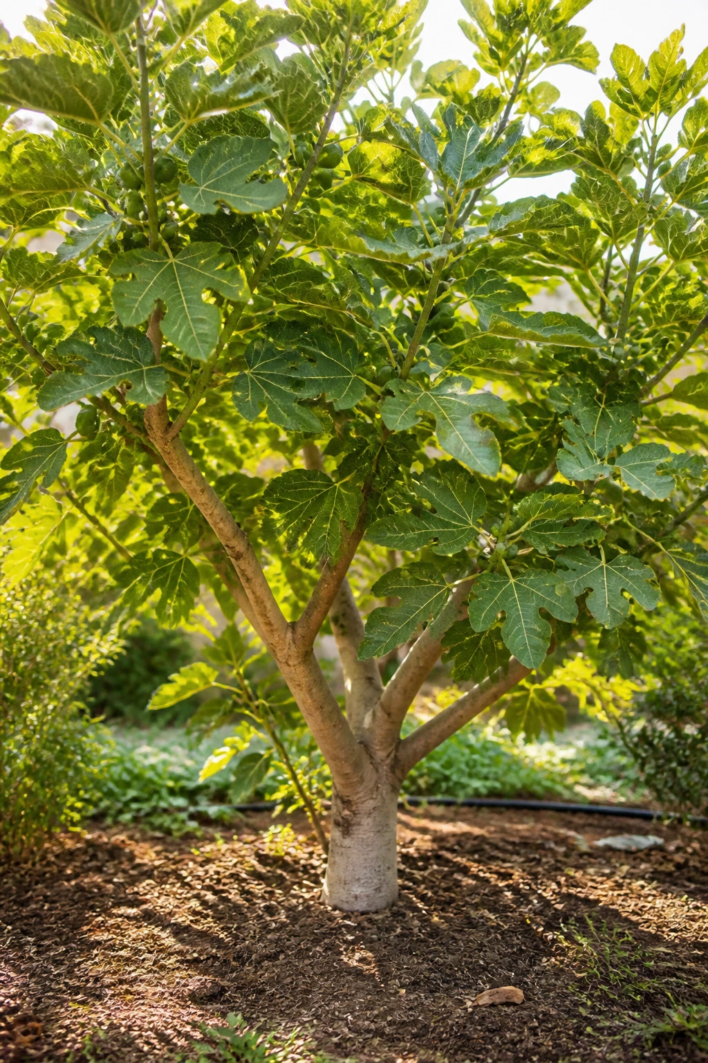 Healthy fig tree in a sunny garden with lush leaves