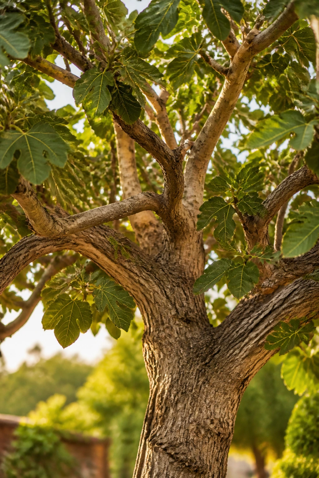 Single fig tree trunk and canopy in golden hour light
