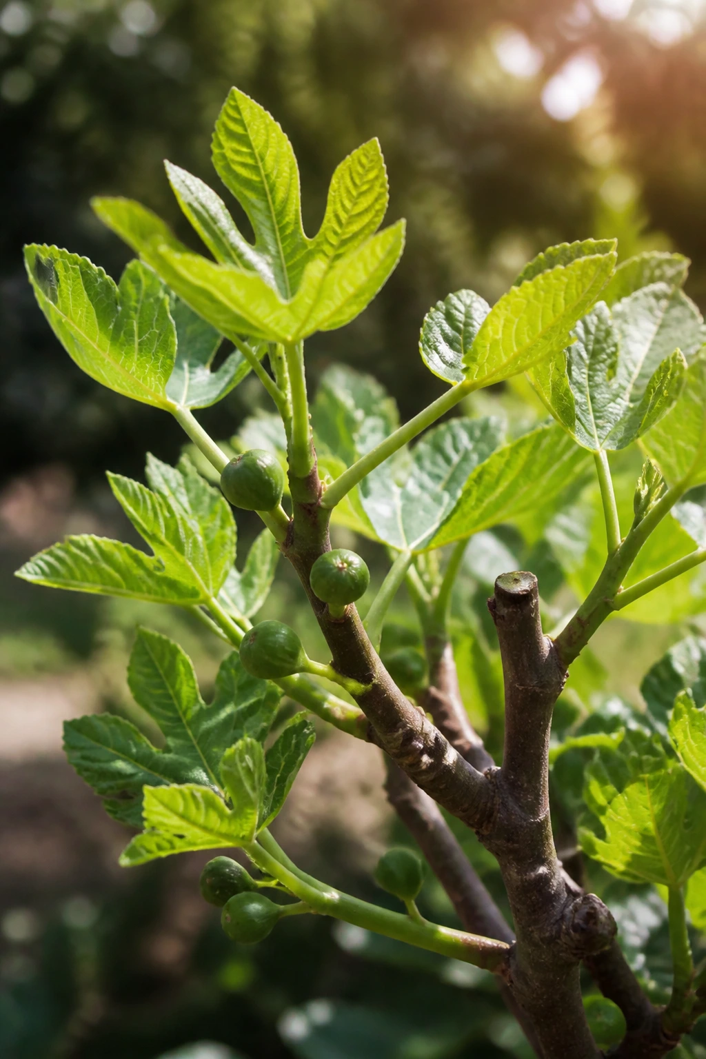 Close-up of a pruned fig tree branch with new growth and developing figs