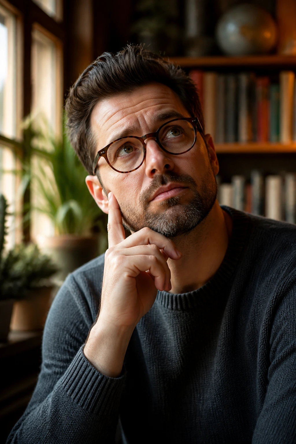 Thoughtful adult portrait in a cozy home study, pondering fig tree questions