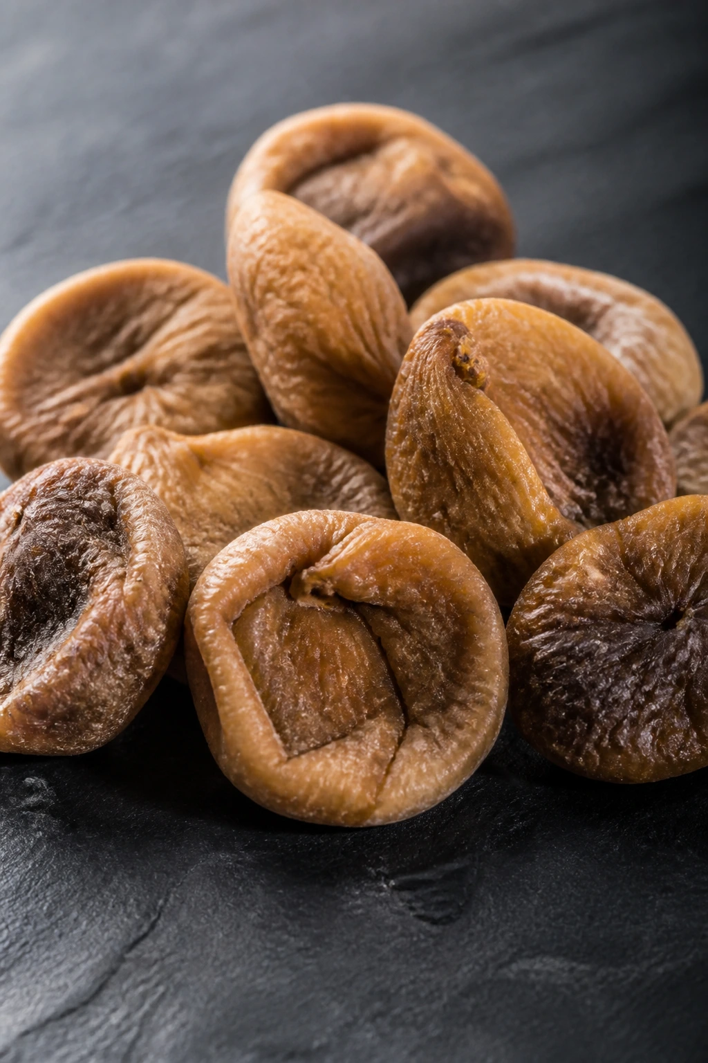 Close-up of figs in a cluster on slate with soft lighting