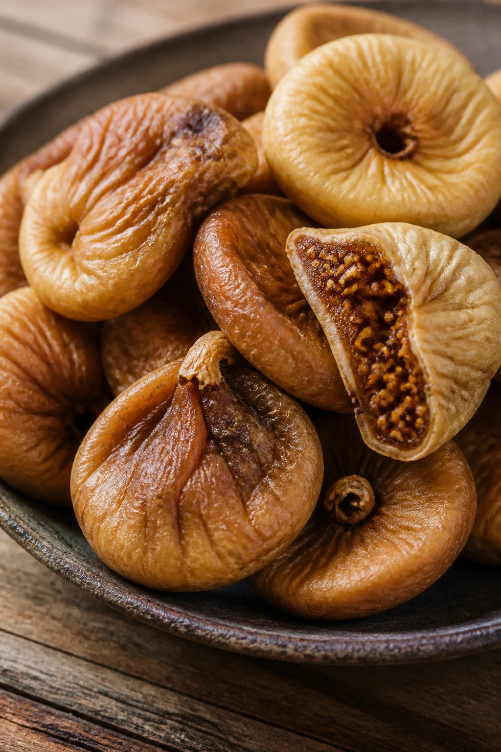 Close-up of dried figs filling frame on neutral background