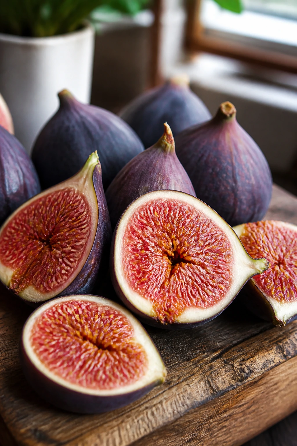 Figs vs Dates - Differences, Health Benefits and More 5 Close-up of ripe figs on a wooden cutting board.