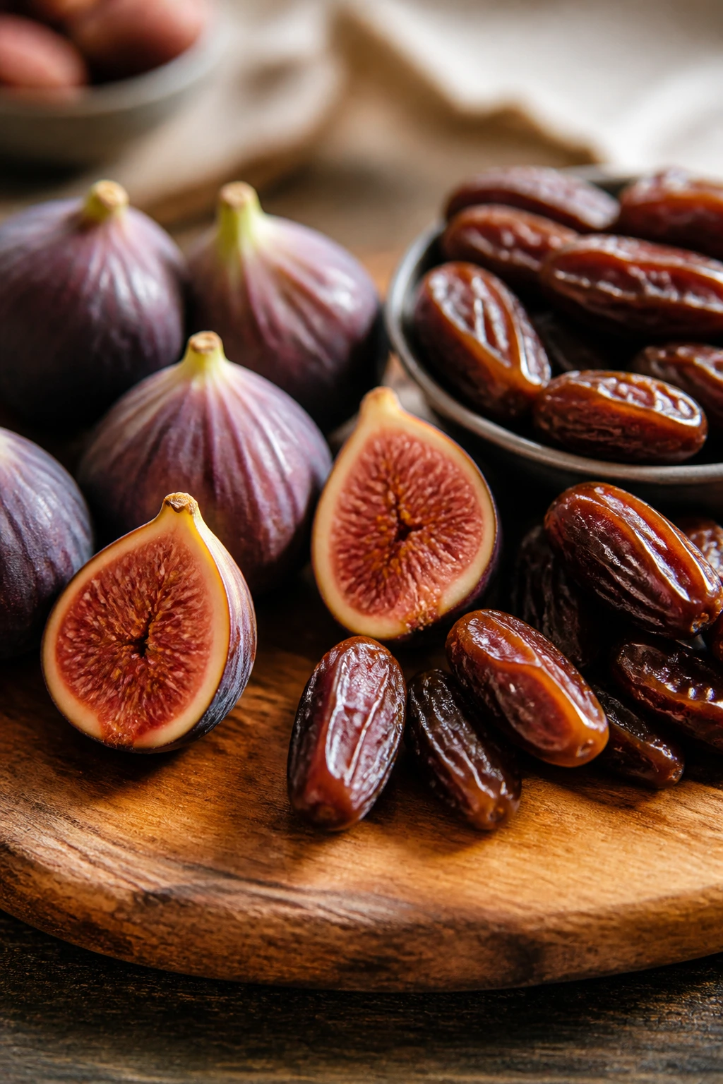 Figs vs Dates - Differences, Health Benefits and More 9 Fresh figs and dates on cutting board.
