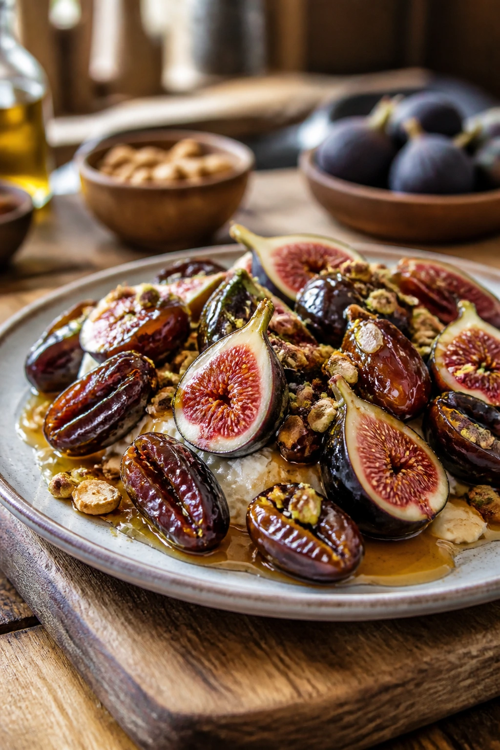 Figs vs Dates - Differences, Health Benefits and More 11 Close-up of a fig and date dessert plated on a wooden board with honey and nuts