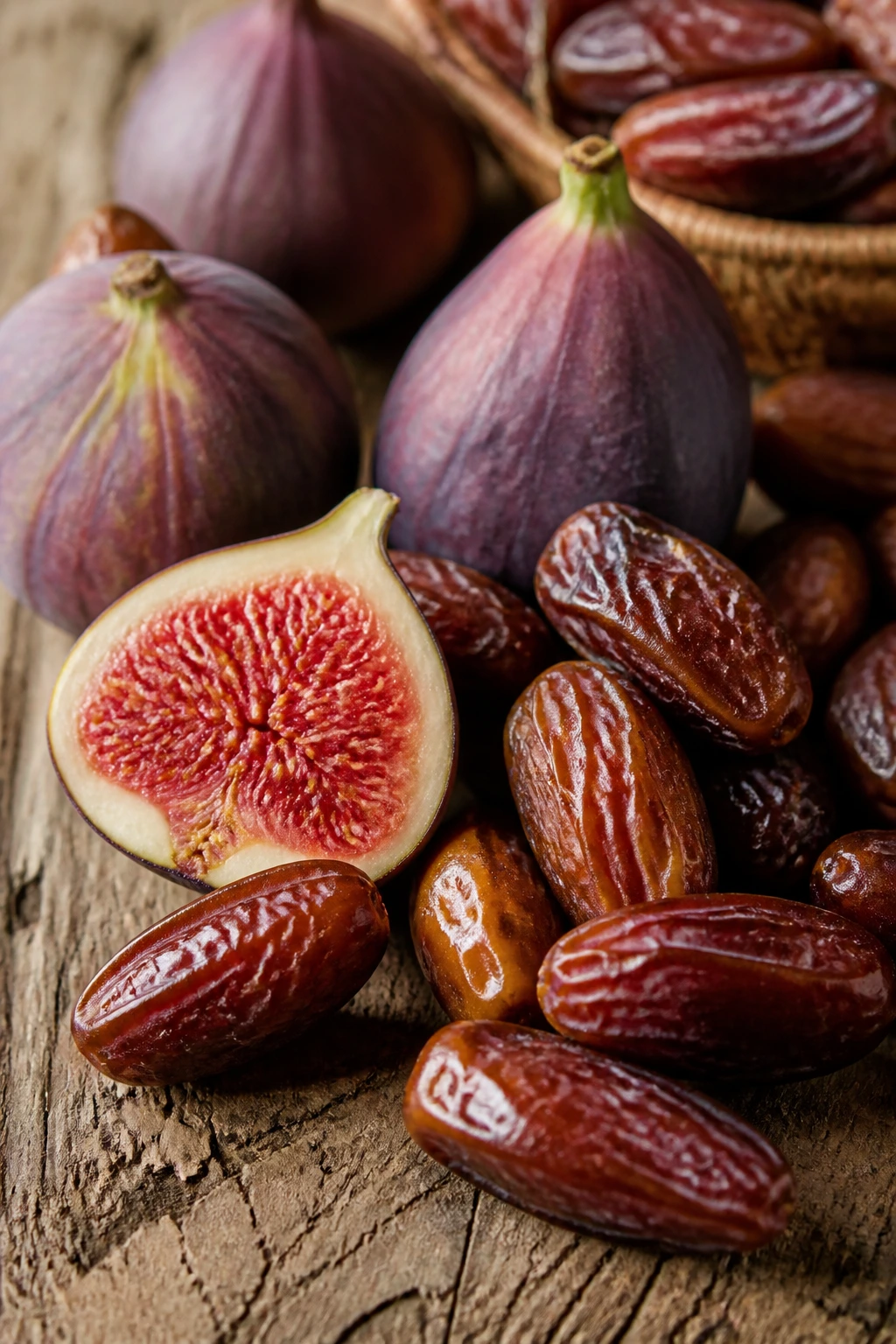 Figs vs Dates - Differences, Health Benefits and More 8 Fresh figs and dates on a wooden surface.