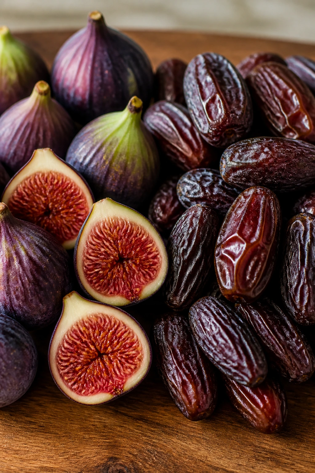 Figs vs Dates - Differences, Health Benefits and More 6 Close-up of figs and dates showing color and texture.