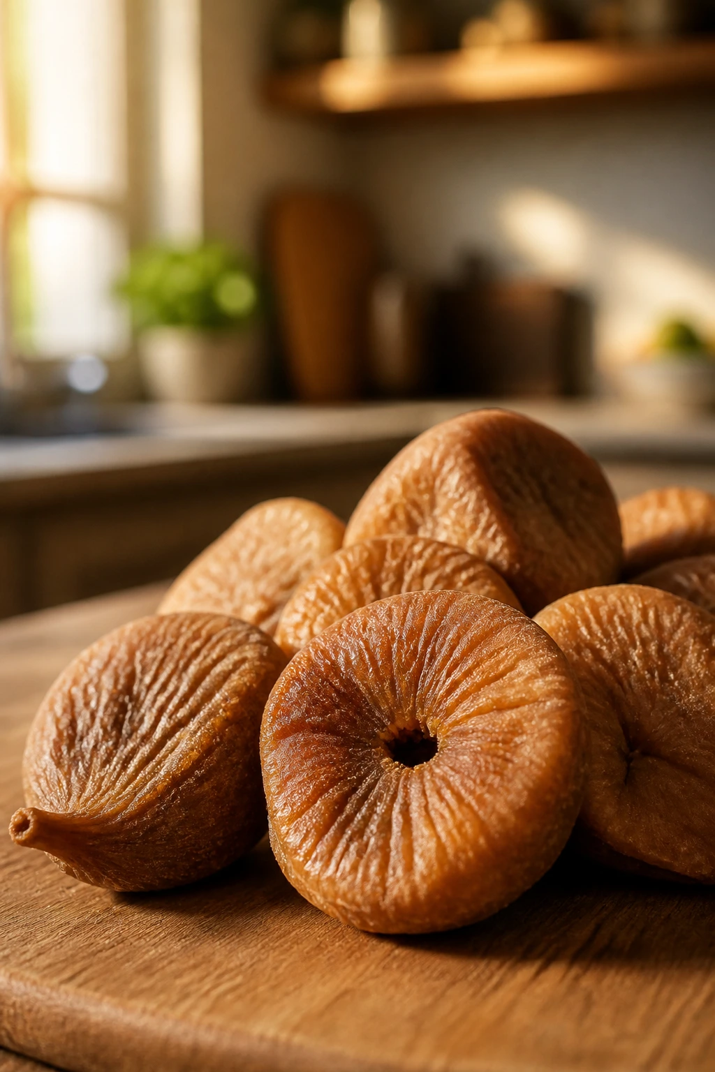 Close-up of chewy dried figs in warm kitchen light