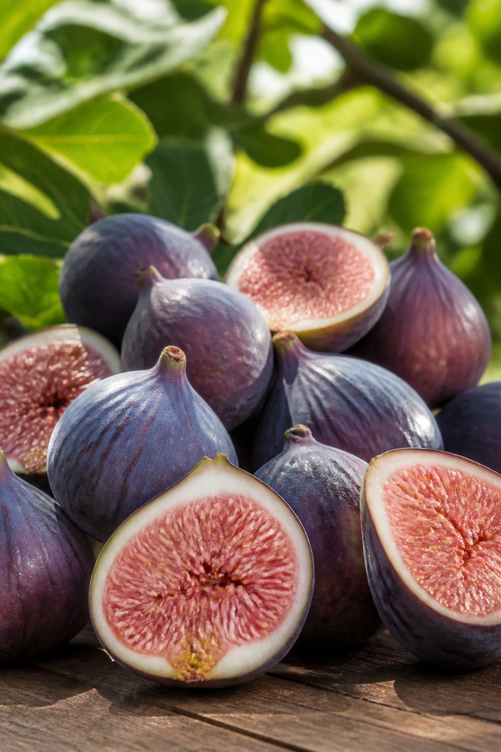 Group of fresh figs with purple skins and pink interiors in daylight