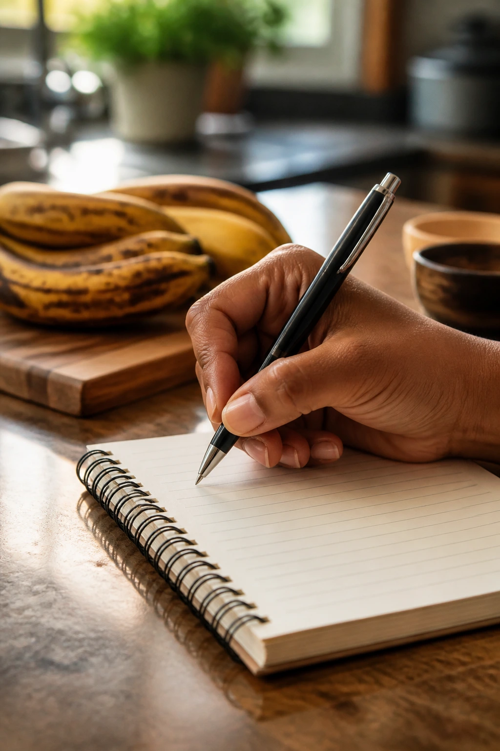 8 Overripe Plantain Recipes For You To Try Out At Home 9 Close-up of a hand writing a final note on a notebook with plantains blurred in the kitchen background