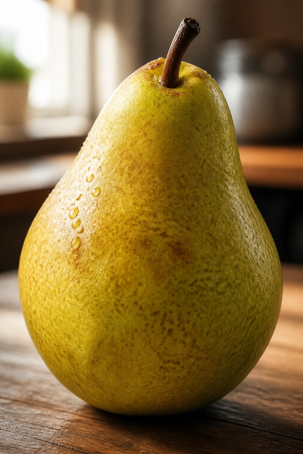 Advantages & Disadvantages Of Eating Fruits In Empty Stomach 4 Close-up of a pear on a wooden table with warm light
