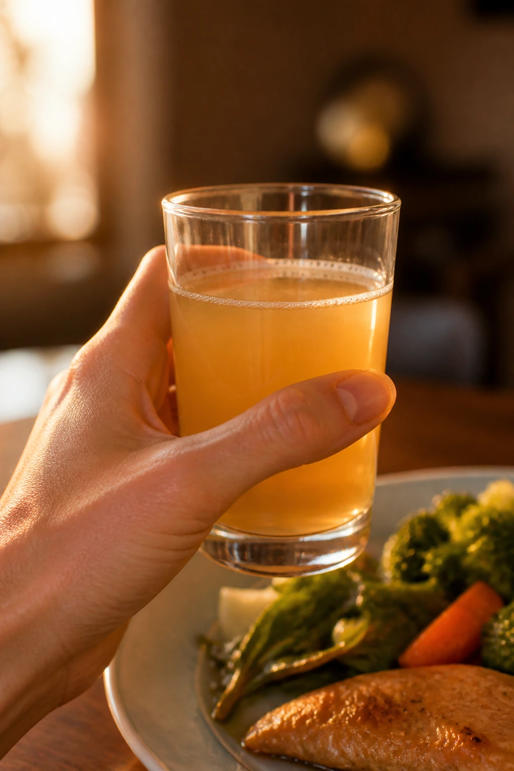 Hand holding a glass of diluted apple juice during a meal with warm cozy lighting