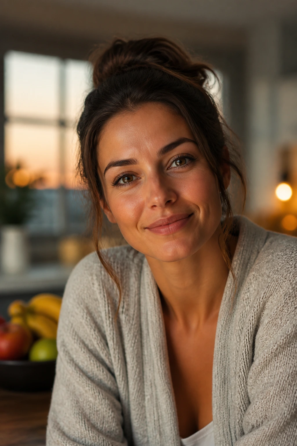 Reflective portrait summarizing dietary considerations in a home setting
