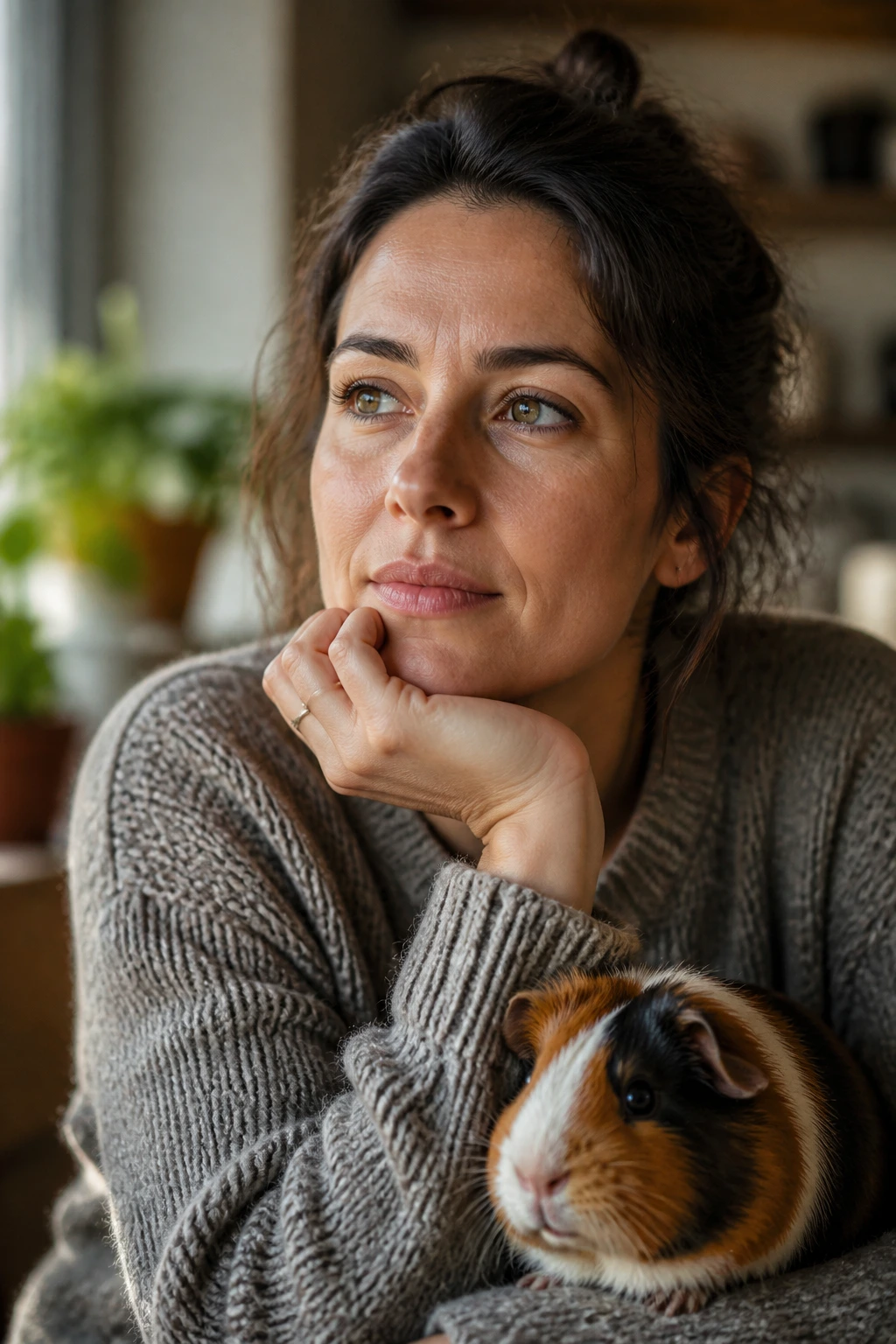 Can Guinea Pigs Eat Plantains? What You Need To Know 5 Thoughtful adult in a cozy home setting reflecting on feeding guinea pigs plantains.
