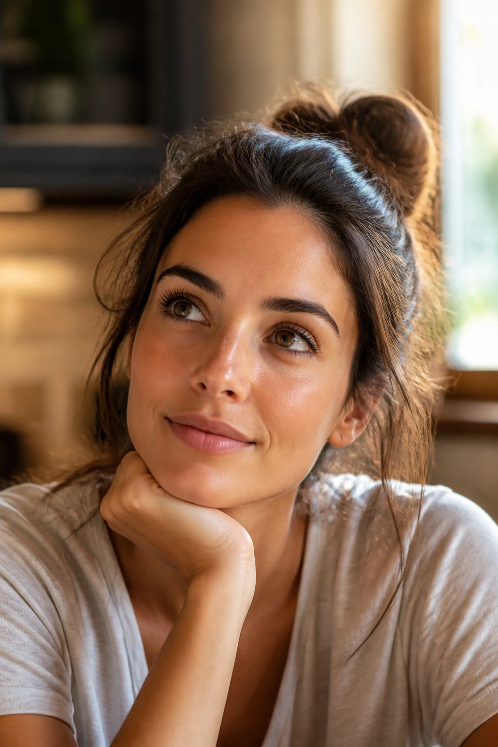 Close-up portrait of a real person in a cozy kitchen