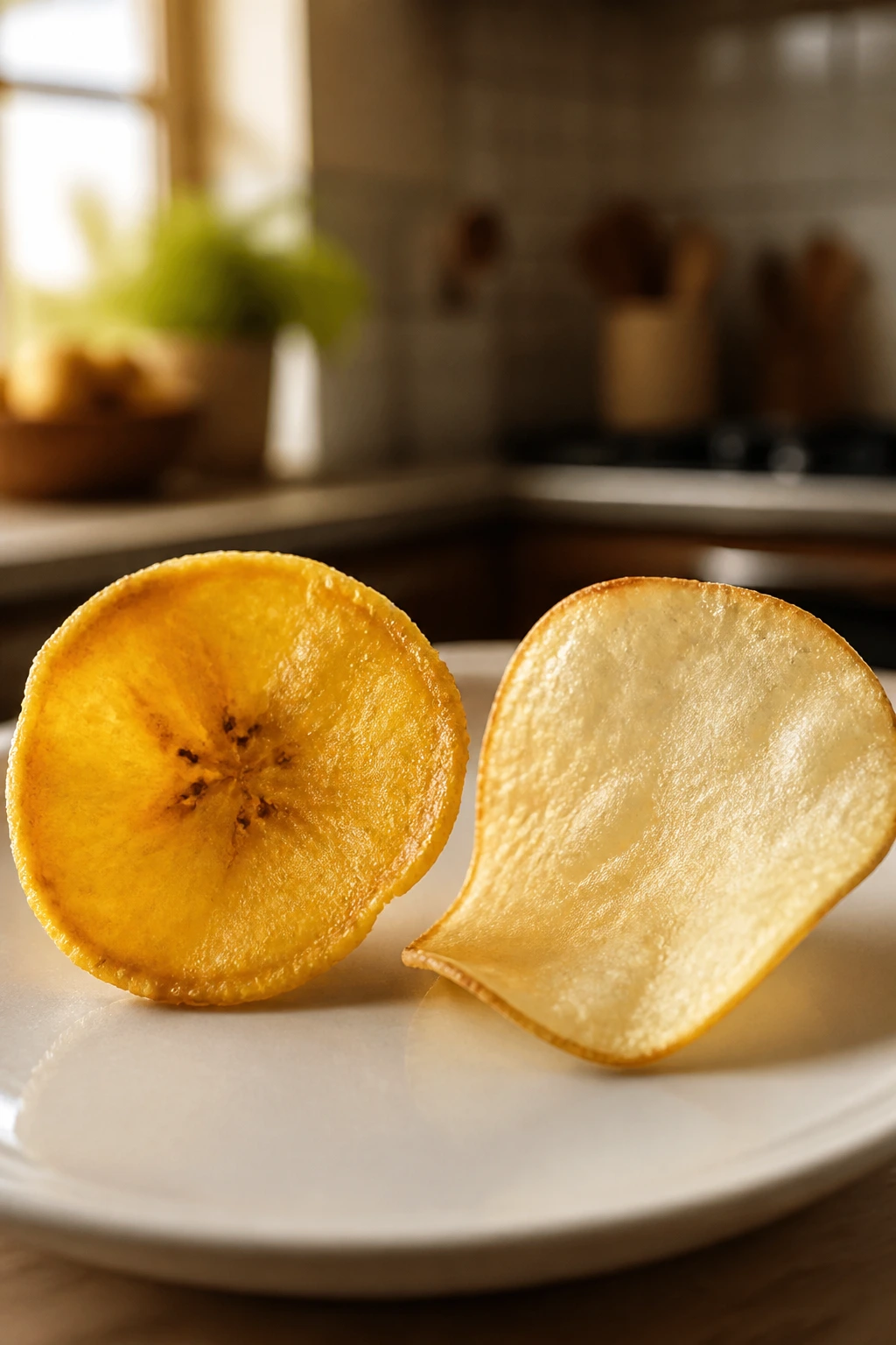 Plantain Chips Vs Potato Chips: Which is Better? 2 Close-up of plantain and potato chips highlighting flavor contrast on a plate.