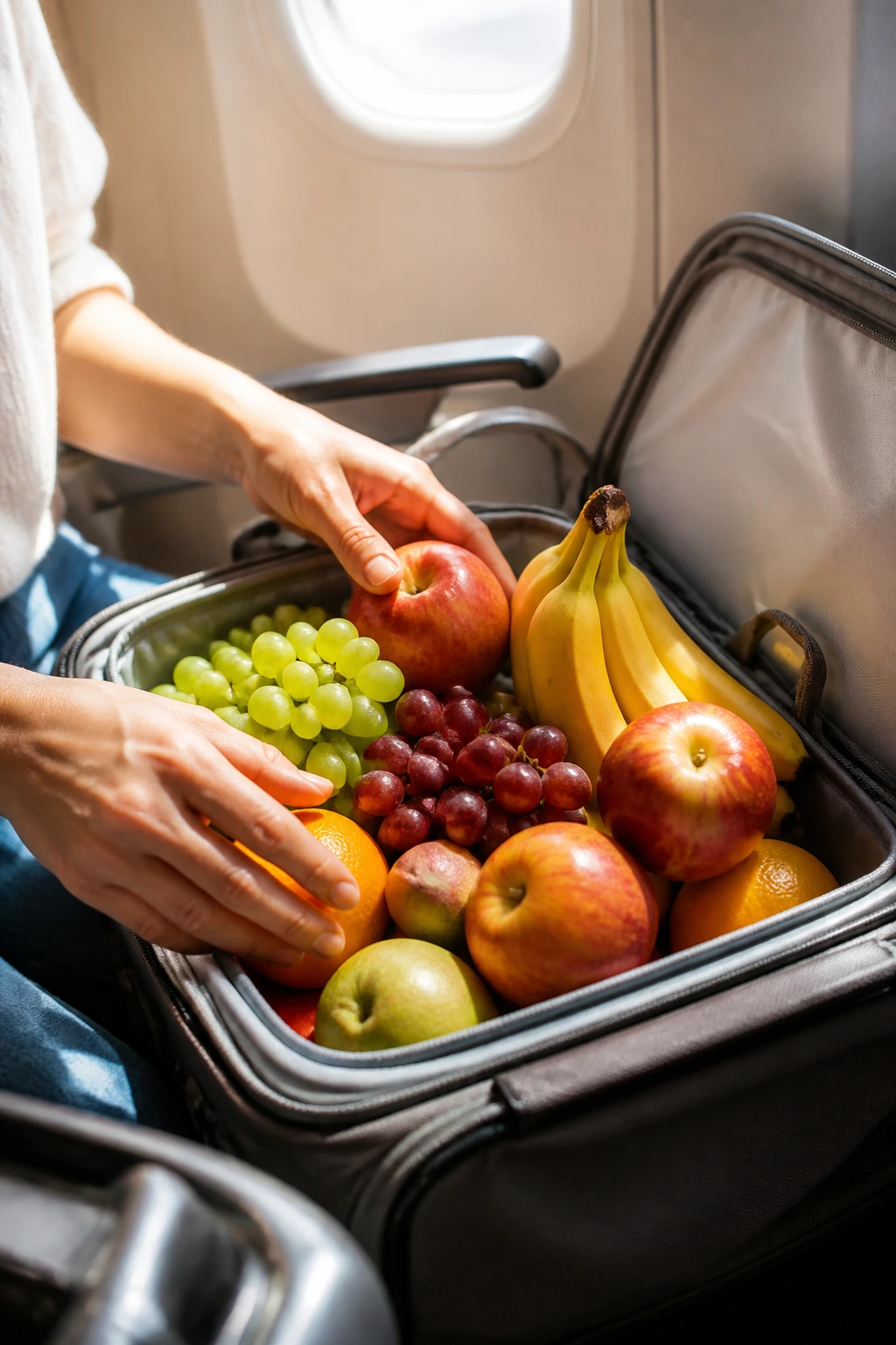 Traveler packing fruits into carry-on in airplane cabin