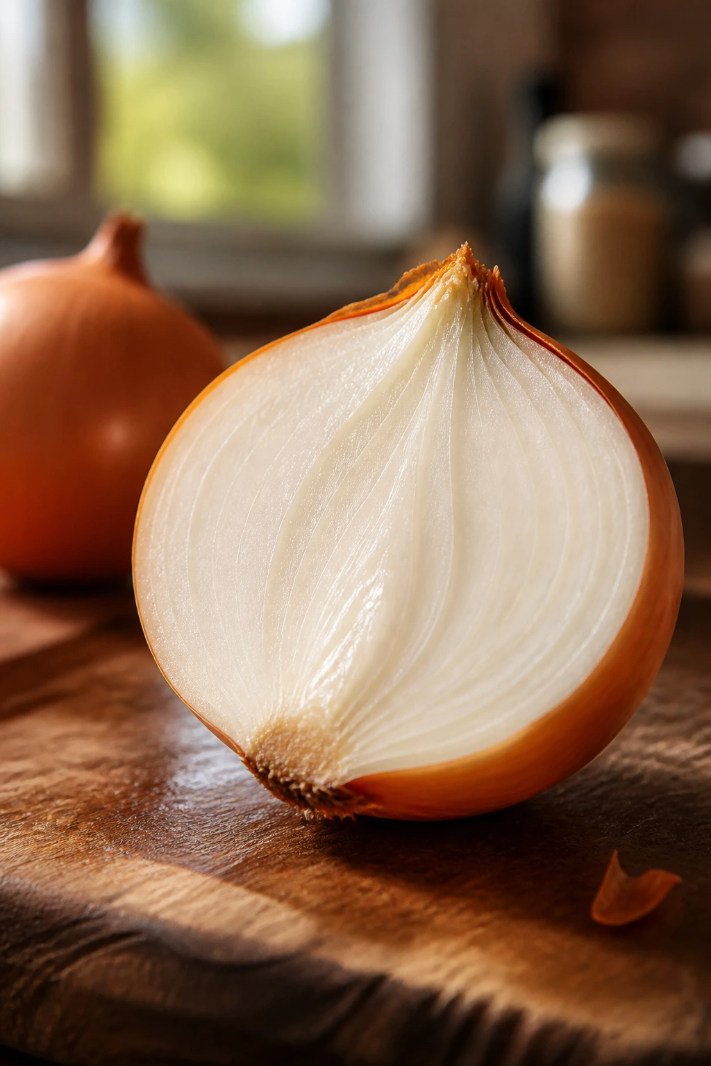 Close-up of a single onion on a wooden cutting board representing FODMAPs in a kitchen