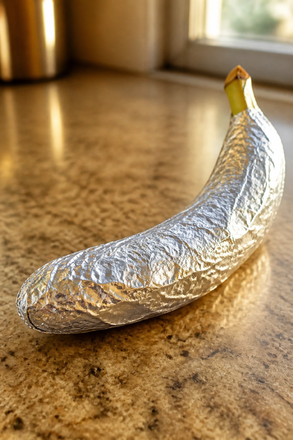 Foil-wrapped banana close-up