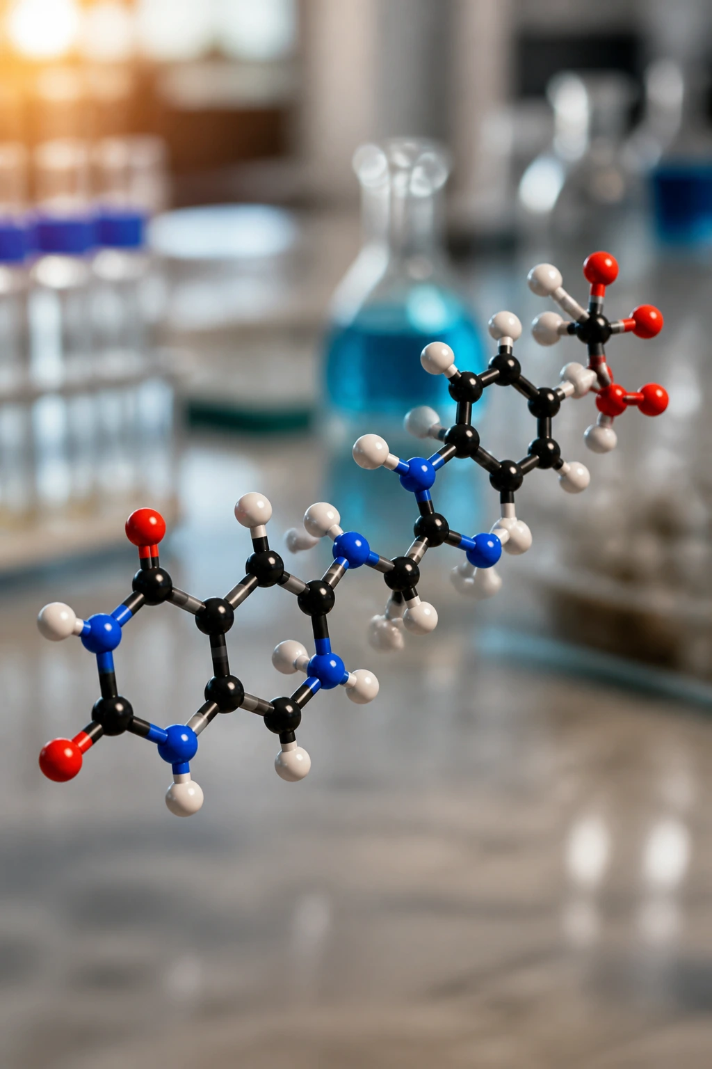 3D folate molecule close-up in a lab setting