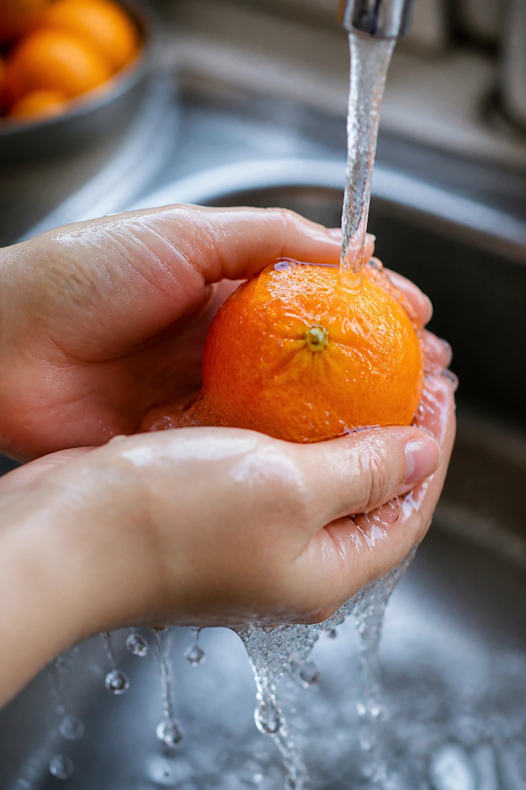 Are Mandarins Good For Pregnancy? Is It Safe? 12 Hands washing mandarin under running water in kitchen