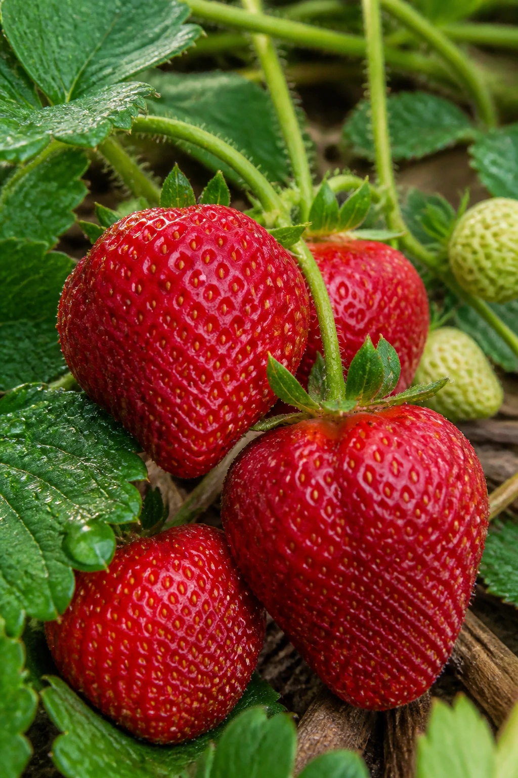 20 Popular Varieties Of Strawberries - And Which To Choose 13 Close-up of Fort Laramie strawberries on a plant in a cool spring garden.