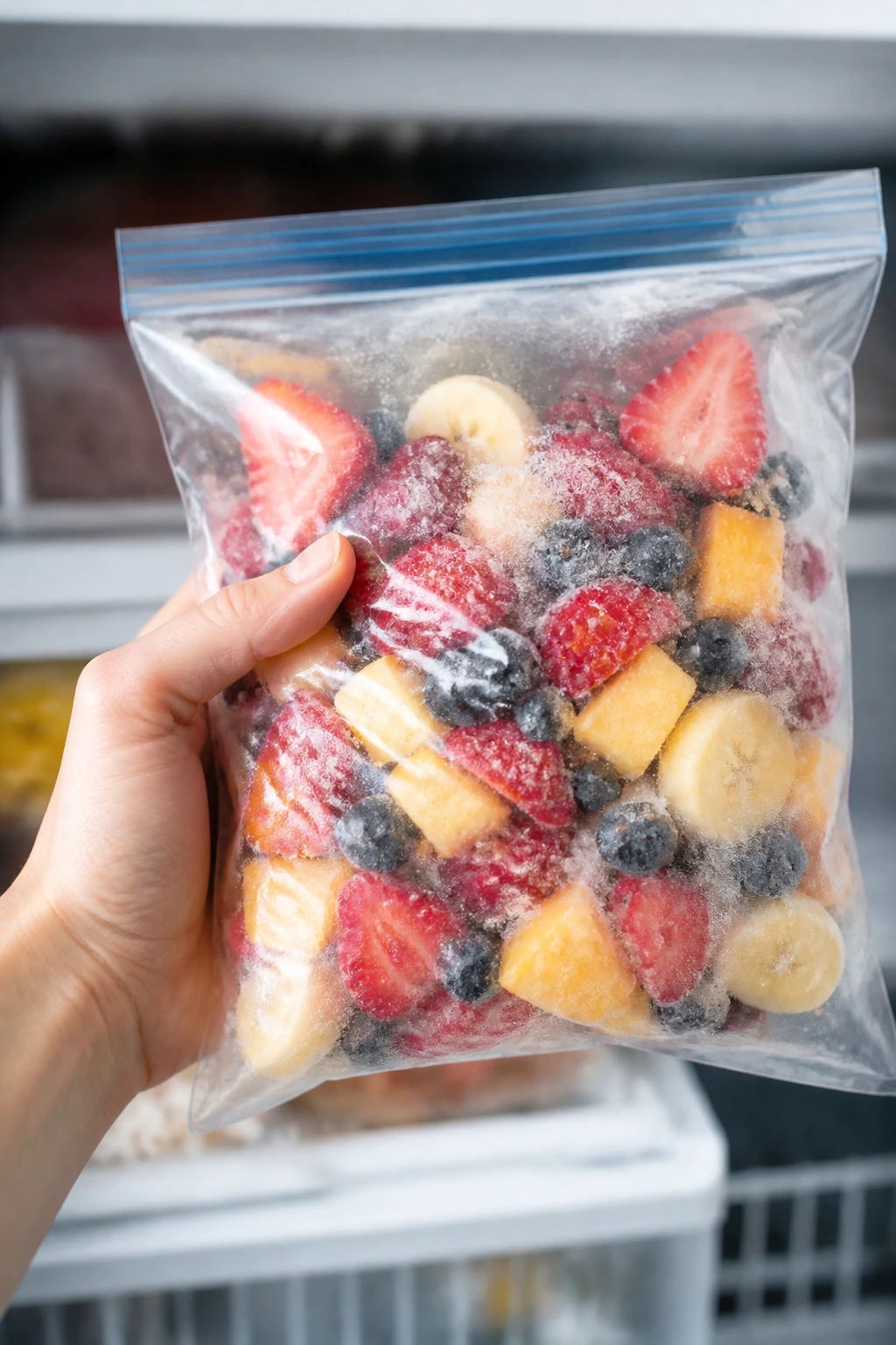 How Long Does Frozen Fruit Last In The Freezer? 4 Hand holding sealed freezer bag of prepped fruit to prep for storage