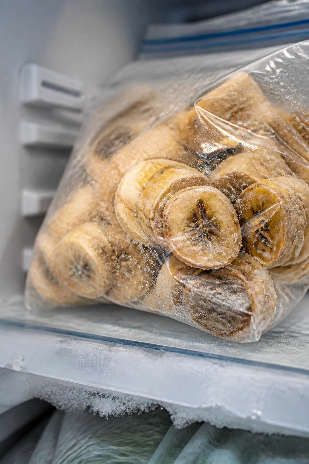 How Long Are Frozen Bananas Good For? All You Need To Know 6 Banana slices with freezer burn signs in a freezer bag.