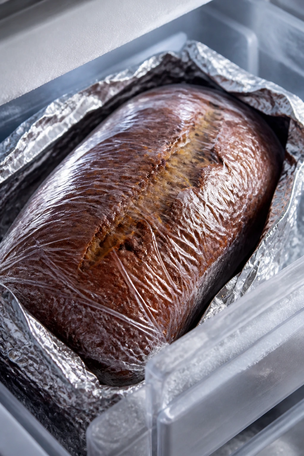 Banana bread wrapped in plastic wrap and foil in freezer
