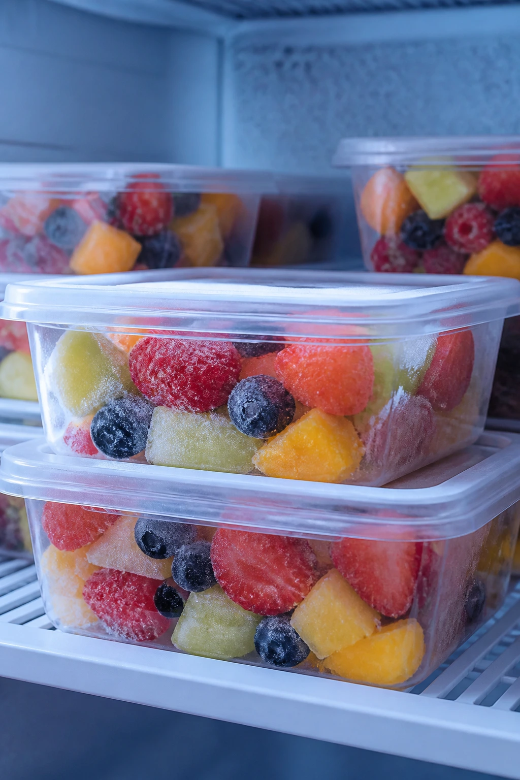 Storing Your Fruit Salad to Last - Freezing Fresher, Longer 8 Multiple freezer containers filled with frozen fruit salad on a freezer shelf.