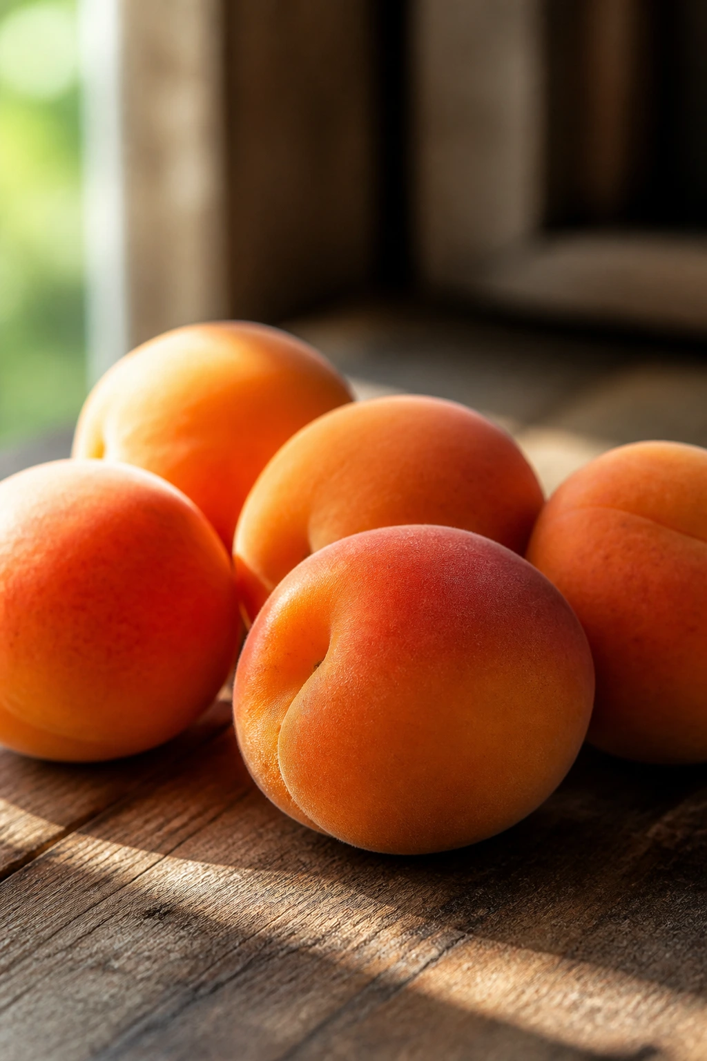Fresh apricots resting on a wooden counter for short-term room-temperature storage