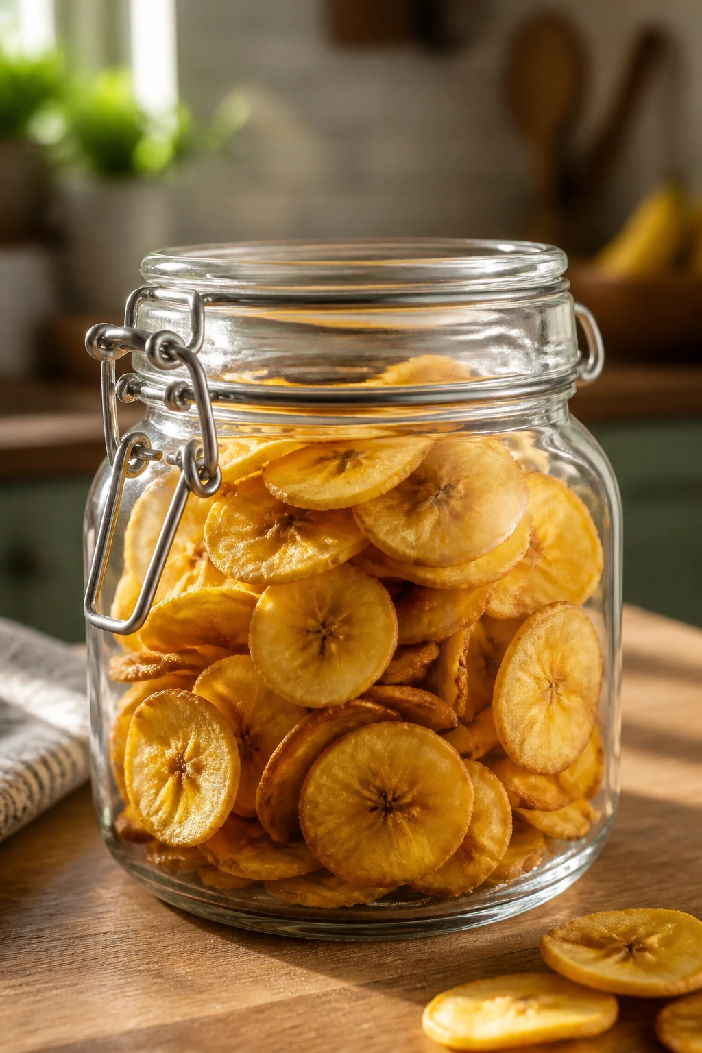 Plantain Chips Vs Potato Chips: Which is Better? 9 Airtight jar of plantain chips on kitchen counter
