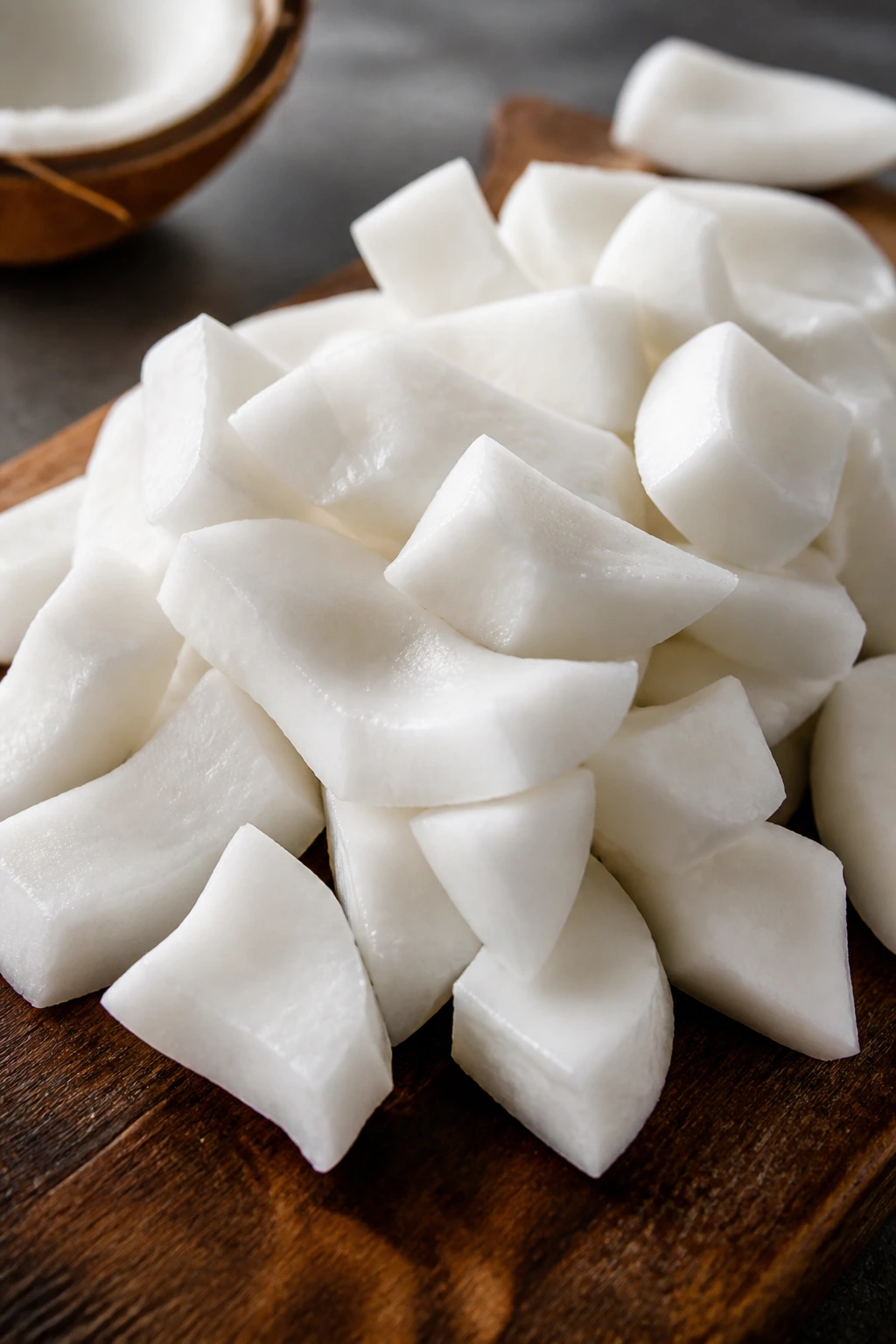 Close-up of fresh coconut meat chunks on a wooden cutting board in a kitchen