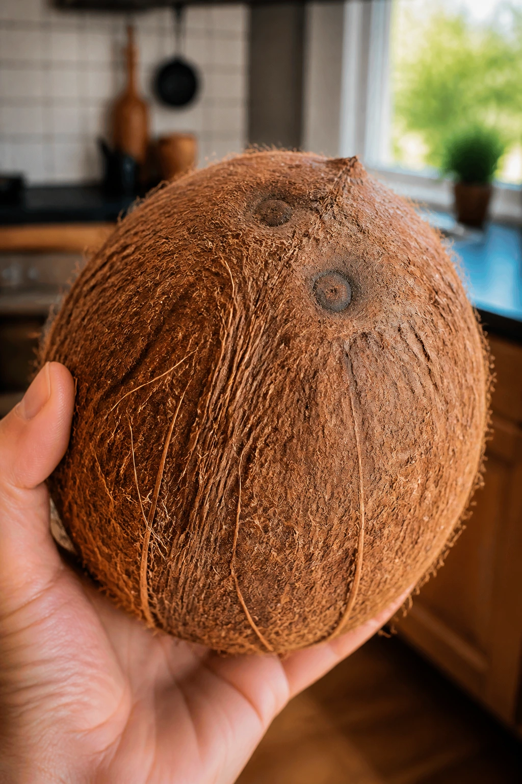 Close-up of a brown coconut with rough husk held in hand in a kitchen