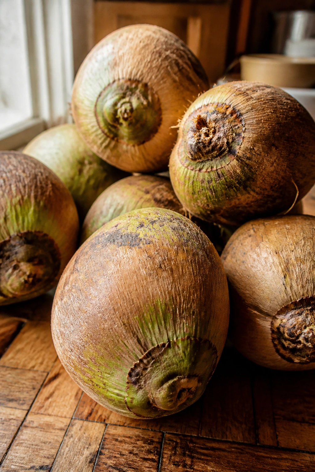Close-up of fresh coconuts with brown husk on a kitchen counter