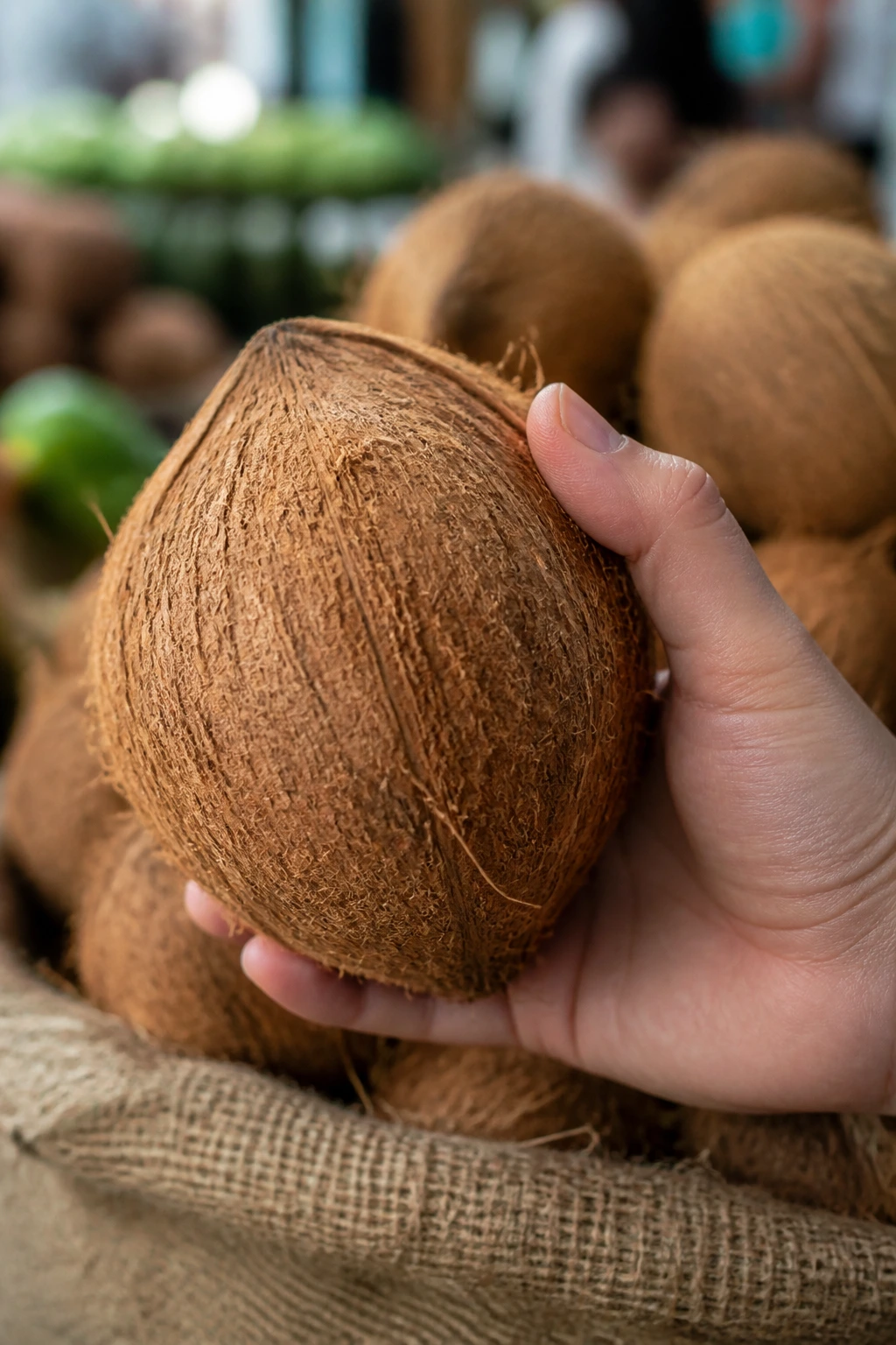 Close-up of a coconut being inspected for freshness