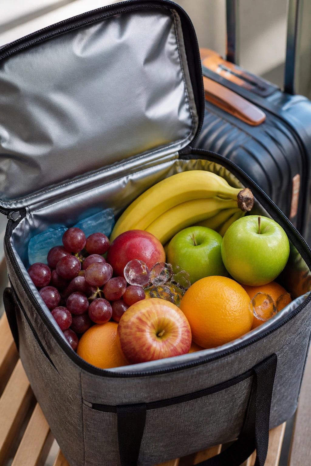 Fresh fruits inside a cooler bag ready for travel