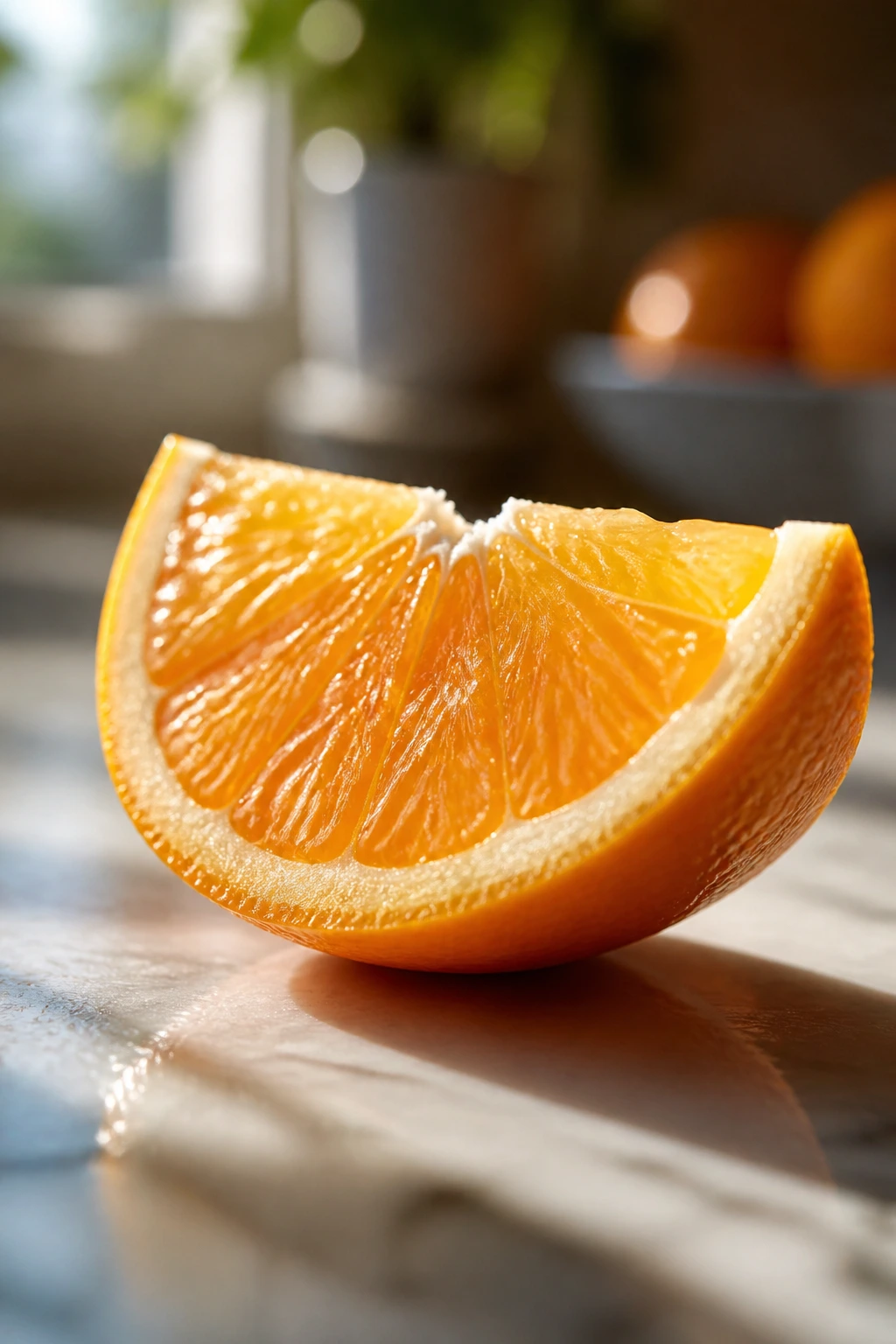 Close-up of a juicy orange slice on a counter