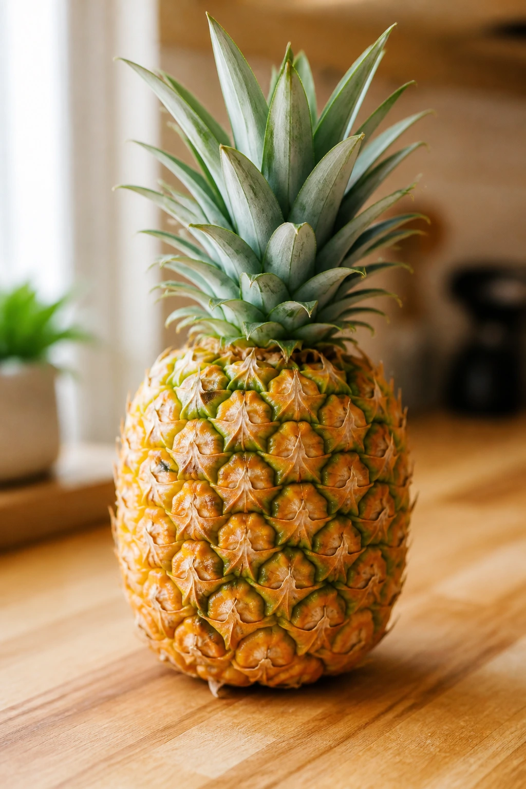 Fresh pineapple on a wooden kitchen counter ready to be pureed