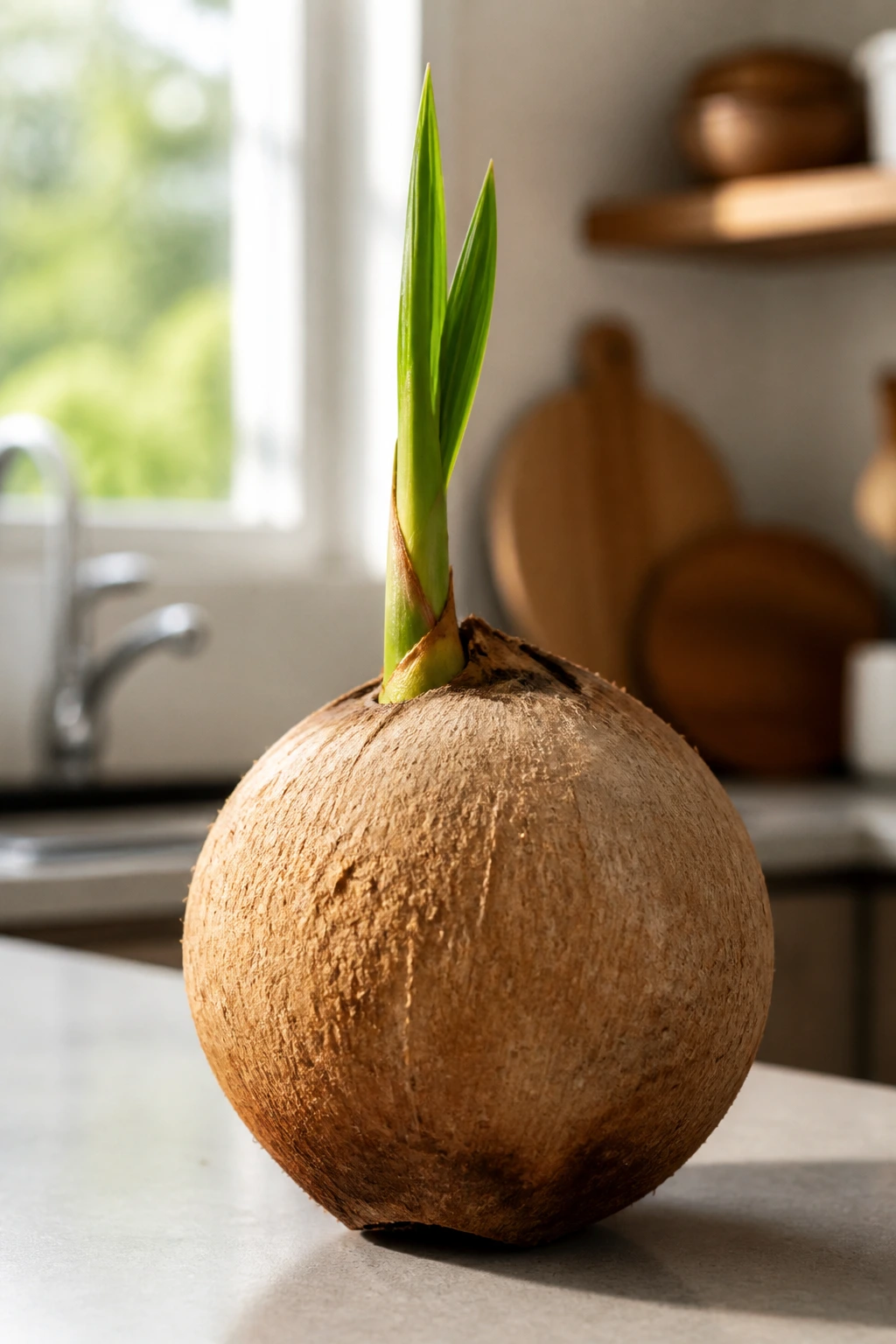 What Is A Sprouted Coconut? Everything You Need To Know 4 Sprouted coconut on kitchen counter with visible shoot